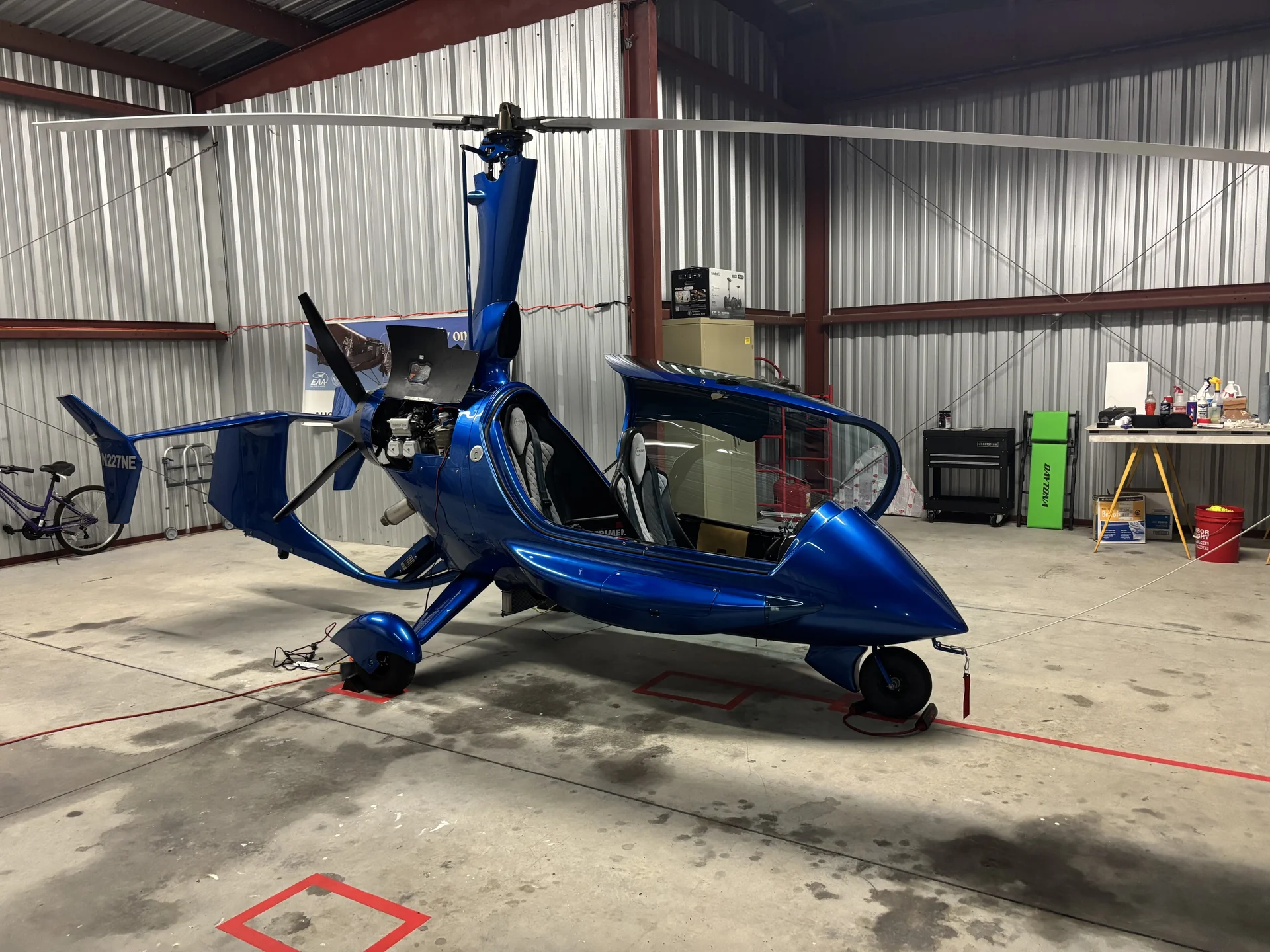 The completed ELA Eclipse Evo (N227NE) in the build shop